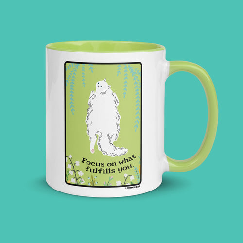 Affirmation FOCUS ON What FULFILLS You Fluffy White Cat Mug, Personalized Free, Green Cute Cat Mug, Ceramic Cat Coffee Mug, Persian Cat Mug