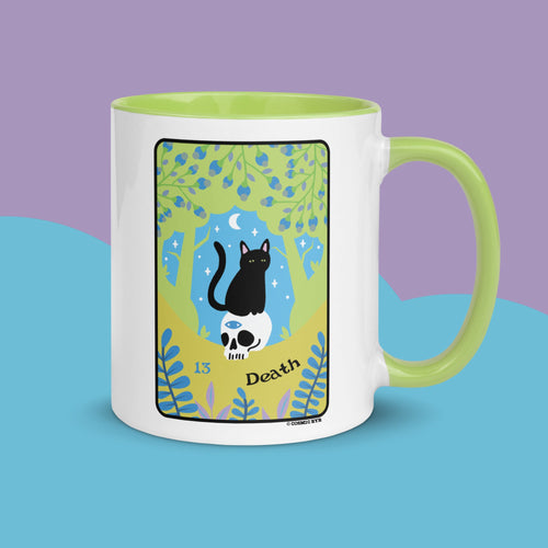 DEATH Black Cat Tarot Mug Personalized Free, Blooming Cat Pastel Green Mug, Cat Tarot Mug, Ceramic Cat Coffee Mug, Tarot Mug, Witchy Cat Mug