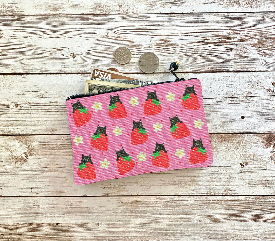 Cat Coin Purse, Black Cat Strawberry Pink Red Coin Purse, Cute Wallet Pouch Polka Dot and Flowers Gift for Cat Lovers Stocking Stuffer