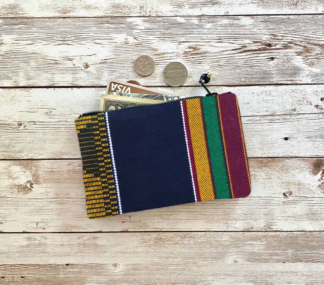 Striped Kente Cloth Coin Purse, Navy Blue Red Yellow Green Small Zip Pouch Small Wallet Birthday Holiday Valentine Gift