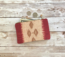 Load image into Gallery viewer, Deep Red and Tan Ikat Coin Purse, Small Zip Pouch Small Wallet Birthday Holiday Valentine Gift
