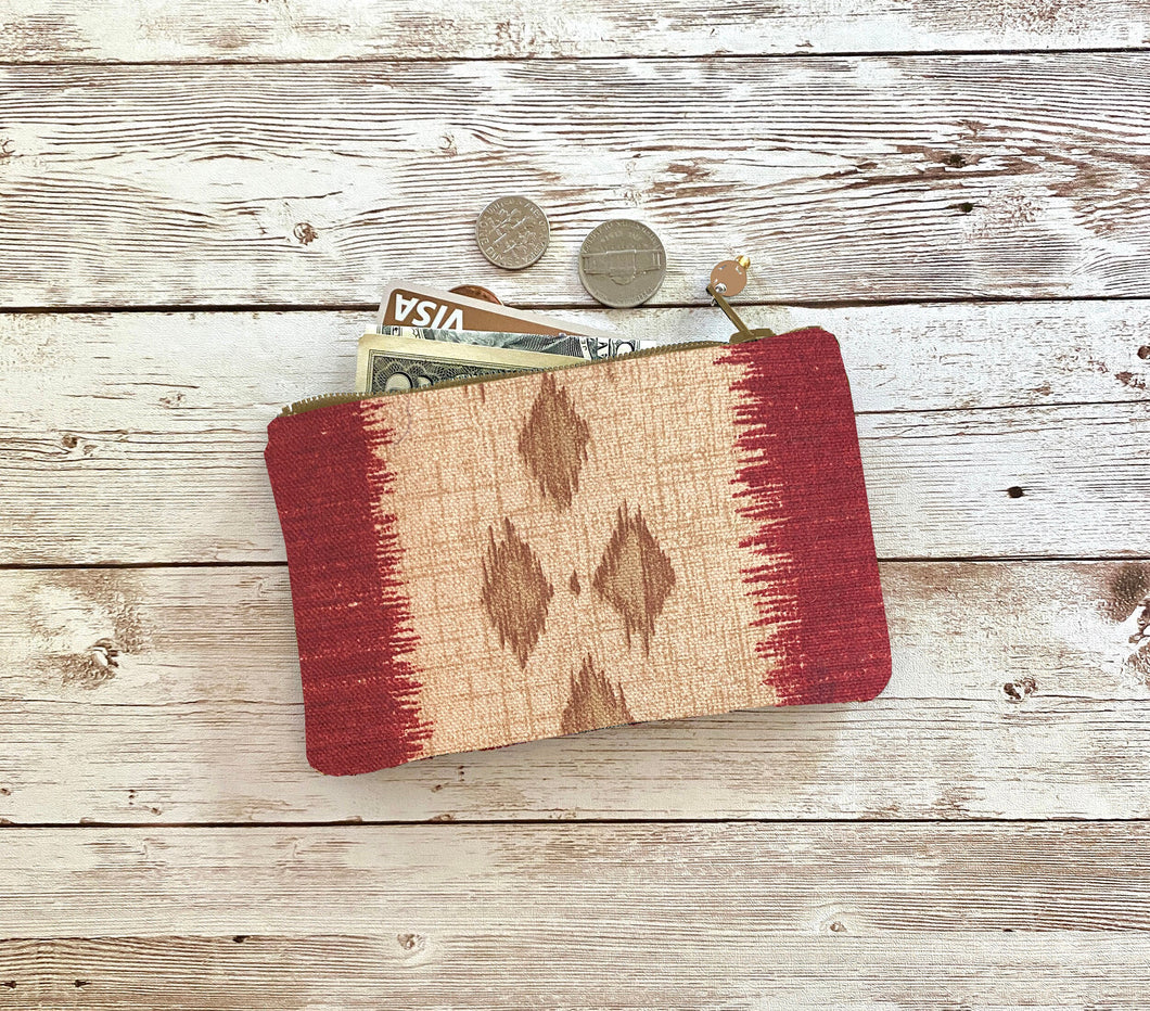 Deep Red and Tan Ikat Coin Purse, Small Zip Pouch Small Wallet Birthday Holiday Valentine Gift