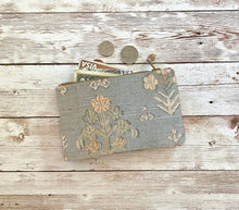 Load image into Gallery viewer, Muted Blue and Tan Floral Linen Coin Purse, Small Zip Pouch Small Wallet Birthday Holiday Valentine Gift
