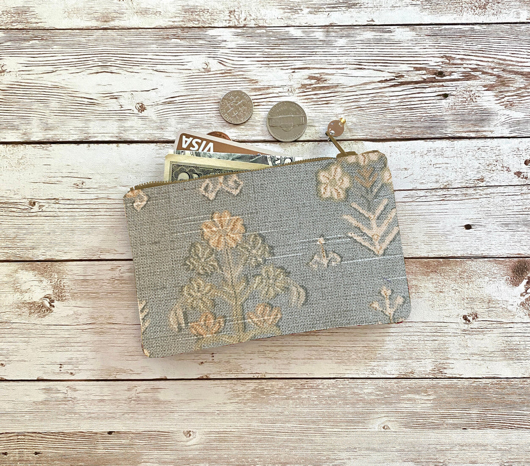 Muted Blue and Tan Floral Linen Coin Purse, Small Zip Pouch Small Wallet Birthday Holiday Valentine Gift
