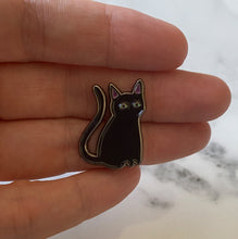 Load image into Gallery viewer, Little Black Cat Enamel Pin, Cute Black Cat Pin, Gift Stocking Stuffer for Cat Lovers, Blooming Cat Tarot Pin, Cat Button
