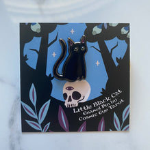 Load image into Gallery viewer, Little Black Cat Enamel Pin, Cute Black Cat Pin, Gift Stocking Stuffer for Cat Lovers, Blooming Cat Tarot Pin, Cat Button
