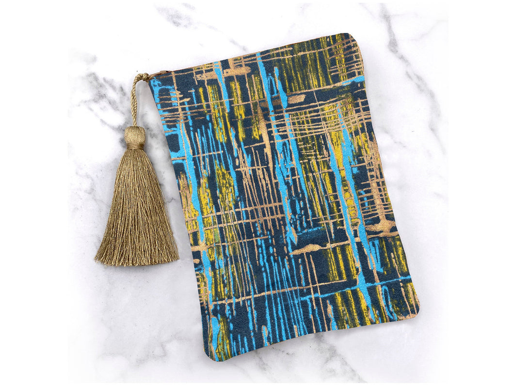 Blue Gold and Yellow Abstract Modern Tarot Oracle Deck Bag with Silk Lining 5x7 Handcrafted in the USA