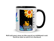 Load image into Gallery viewer, THE FOOL Blooming Cat Tarot Mug Personalized for Free, Cute Cat Mug, Cat Tarot Mug, Ceramic Cat Coffee Mug, Tarot Mug, Witchy Cat Mug
