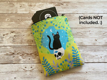 Load image into Gallery viewer, Cute BLACK CAT on Skull Tarot Bag with Silk Lining 5x7 Handcrafted in the USA Blooming Cat Tarot Green Blue Gift
