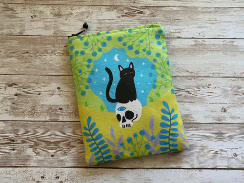 Cute BLACK CAT on Skull Tarot Bag with Silk Lining 5x7 Handcrafted in the USA Blooming Cat Tarot Green Blue Gift