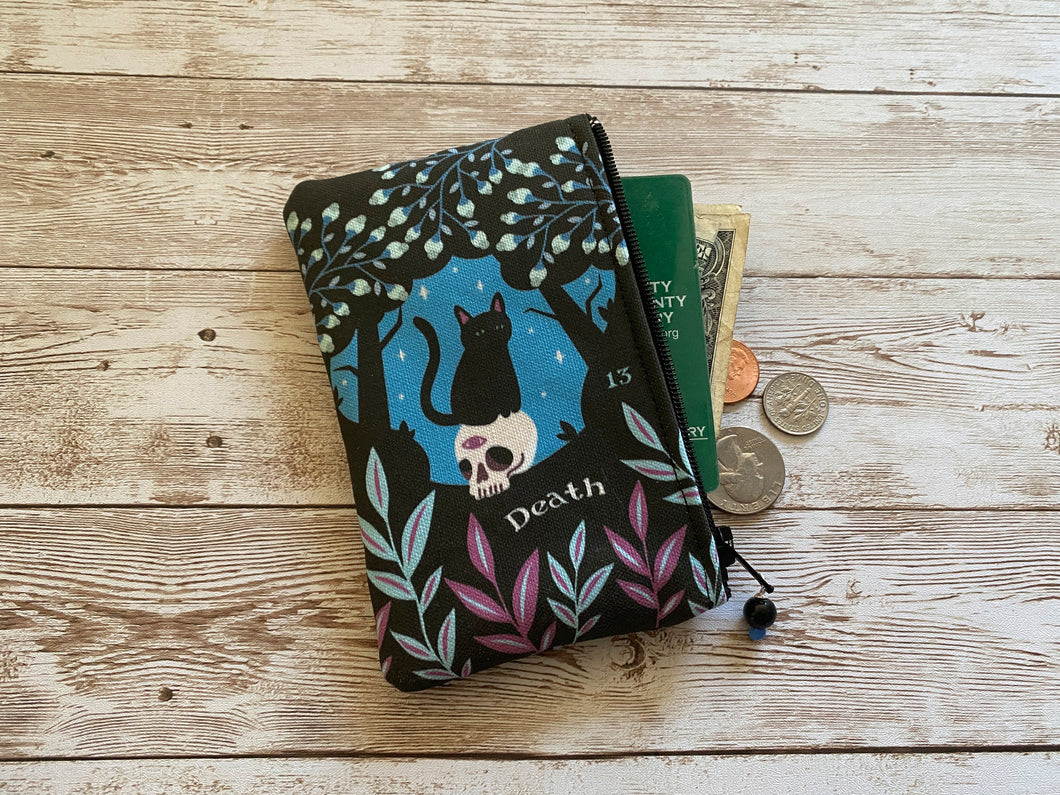 Black Cat DEATH Tarot Card Coin Purse, Small Zip Pouch, Small Wallet, Blooming Cat Bag, Tarot Gift Idea, Holiday Gift
