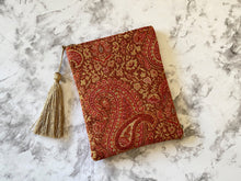 Load image into Gallery viewer, Coral Orange and Gold Paisley Floral Tarot Oracle Deck Bag, Tapestry Bag with Silk Lining 5x7 Handcrafted in the USA Gift Idea

