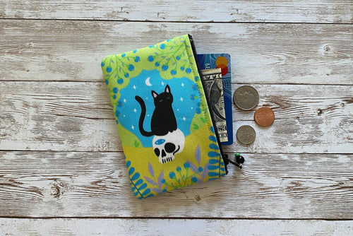 Black Cat and Skull Coin Purse, Small Pastel Cheery Cute Cat Zip Pouch, Small Wallet, Blooming Cat Bag, Cat Lover Gift Idea, Holiday Gift