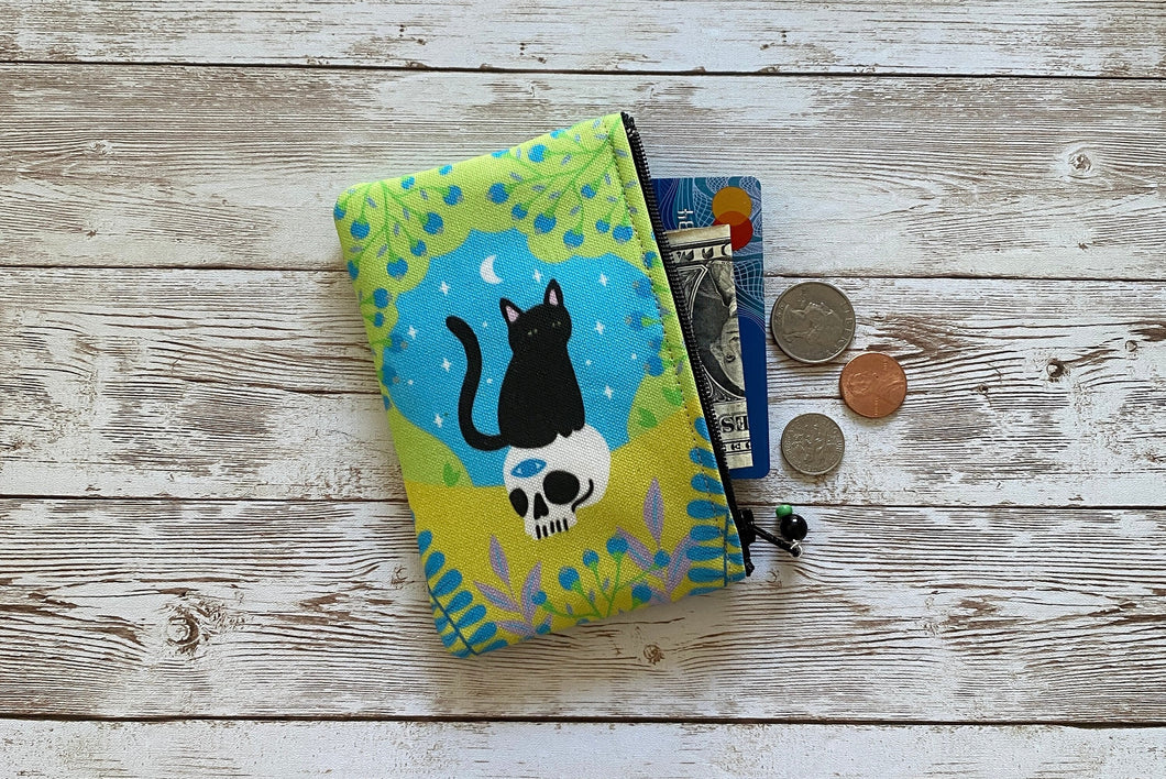 Black Cat and Skull Coin Purse, Small Pastel Cheery Cute Cat Zip Pouch, Small Wallet, Blooming Cat Bag, Cat Lover Gift Idea, Holiday Gift