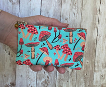 Load image into Gallery viewer, MUSHROOM Coin Purse, Small Zip Pouch, Small Wallet, Amanita Muscaria Aqua Turquoise Red Magic Mushroom Gift Idea, Valentine Gift
