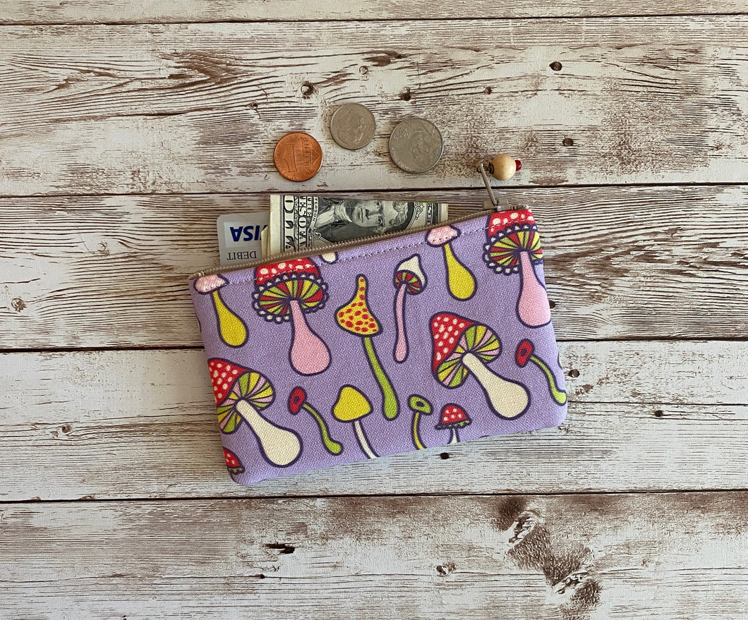 MUSHROOM Coin Purse, Small Zip Pouch, Small Wallet, Amanita Muscaria Purple Red Magic Mushroom Gift Idea, Valentine Gift