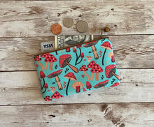Load image into Gallery viewer, Aqua Red MUSHROOM Coin Purse, Small Zip Pouch, Small Wallet, Amanita Muscaria Aqua Turquoise Red Magic Mushroom Gift Idea, Valentine Gift
