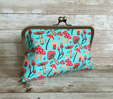 Load image into Gallery viewer, Aqua Red and Black MUSHROOM Clutch Bag with Crossbody Chain, Red Mushroom Fly Agaric Bag, Fairy Forest Wedding, Forage Cottagecore
