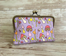 Load image into Gallery viewer, Lavender Purple MUSHROOM Clutch Bag with Crossbody Chain, Red Mushroom Fly Agaric Bag, Fairy Forest Wedding, Forage Cottagecore

