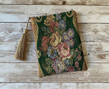 Load image into Gallery viewer, Green and Floral Tapestry Victorian Tarot Oracle Deck Bag, Tapestry Bag with Silk Lining 5x7 Handcrafted in the USA
