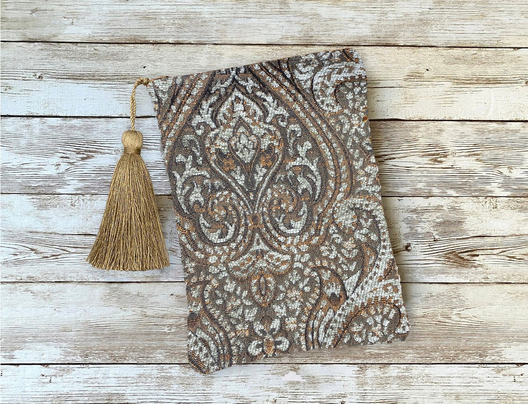 Light Blue Brown and Gold Woven Damask Tarot Oracle Deck Bag with Silk Lining 5x7 Handcrafted in the USA