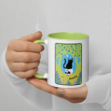 Load image into Gallery viewer, DEATH Black Cat Tarot Mug Personalized Free, Blooming Cat Pastel Green Mug, Cat Tarot Mug, Ceramic Cat Coffee Mug, Tarot Mug, Witchy Cat Mug
