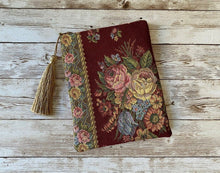 Load image into Gallery viewer, Deep Red and Floral Tapestry Victorian Tarot Oracle Deck Bag, Tapestry Bag with Silk Lining 5x7 Handcrafted in the USA
