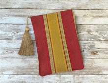 Load image into Gallery viewer, Yellow Red and Gold Striped Tarot Oracle Deck Bag with Silk Lining 5x7 Handcrafted in the USA
