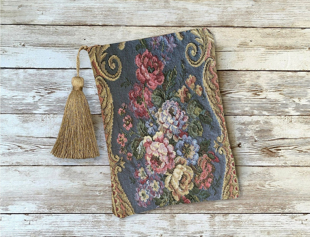 Grayish Blue, Gold and Floral Tapestry Victorian Tarot Oracle Deck Bag, Tapestry Bag with Silk Lining 5x7 Handcrafted in the USA