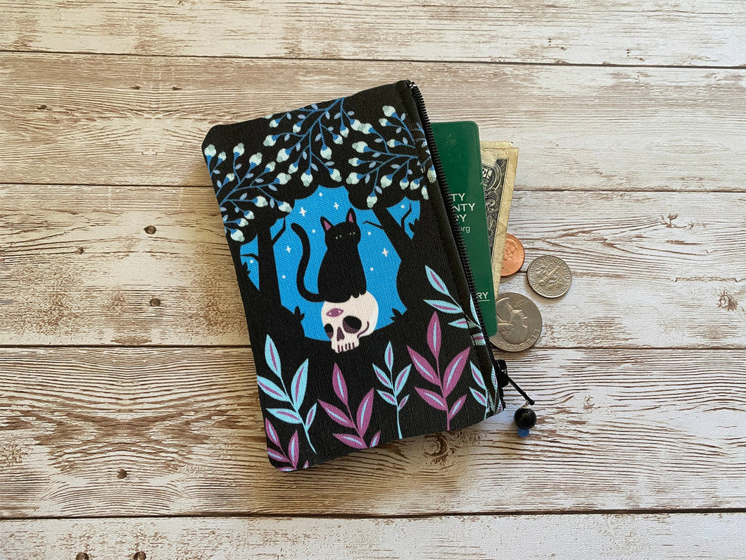 Black Cat and Skull Coin Purse, Small Zip Pouch, Small Wallet, Cat Lovers Gift Idea, Holiday Halloween Christmas Gift