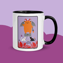 Load image into Gallery viewer, THE DEVIL Cat Tarot Mug Personalized Free, Blooming Cat Black Purple Mug, Cat Tarot Mug, Ceramic Cat Coffee Mug, Tarot Mug, Witchy Cat Mug
