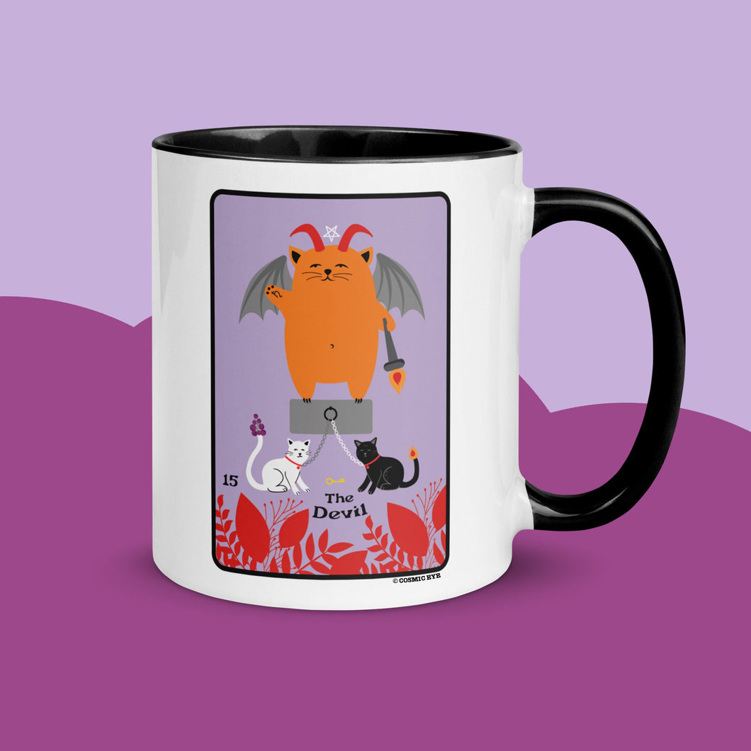 THE DEVIL Cat Tarot Mug Personalized Free, Blooming Cat Black Purple Mug, Cat Tarot Mug, Ceramic Cat Coffee Mug, Tarot Mug, Witchy Cat Mug