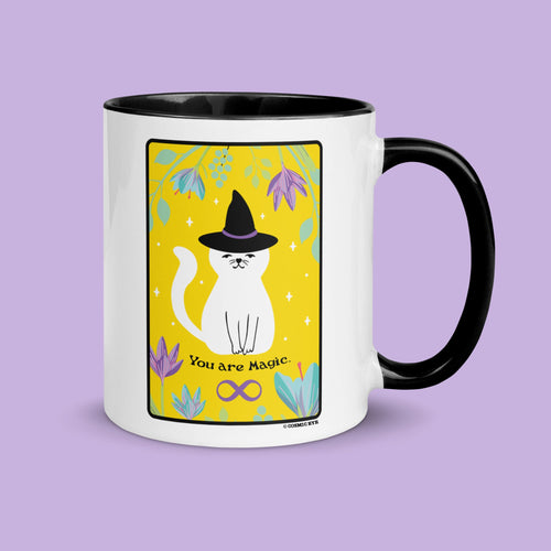 Affirmation YOU ARE MAGIC Cat Mug, Personalized Free, Yellow Black Mug, Witch Cat, Ceramic Cat Coffee Mug, Tarot Mug, Witchy Cat Mug