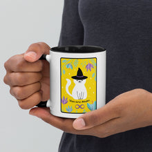 Load image into Gallery viewer, Affirmation YOU ARE MAGIC Cat Mug, Personalized Free, Yellow Black Mug, Witch Cat, Ceramic Cat Coffee Mug, Tarot Mug, Witchy Cat Mug
