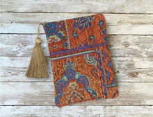 Load image into Gallery viewer, Orange Blue Purple Bohemian Tarot Oracle Deck Bag with Silk Lining 5x7 Moroccan Boho Handcrafted in the USA
