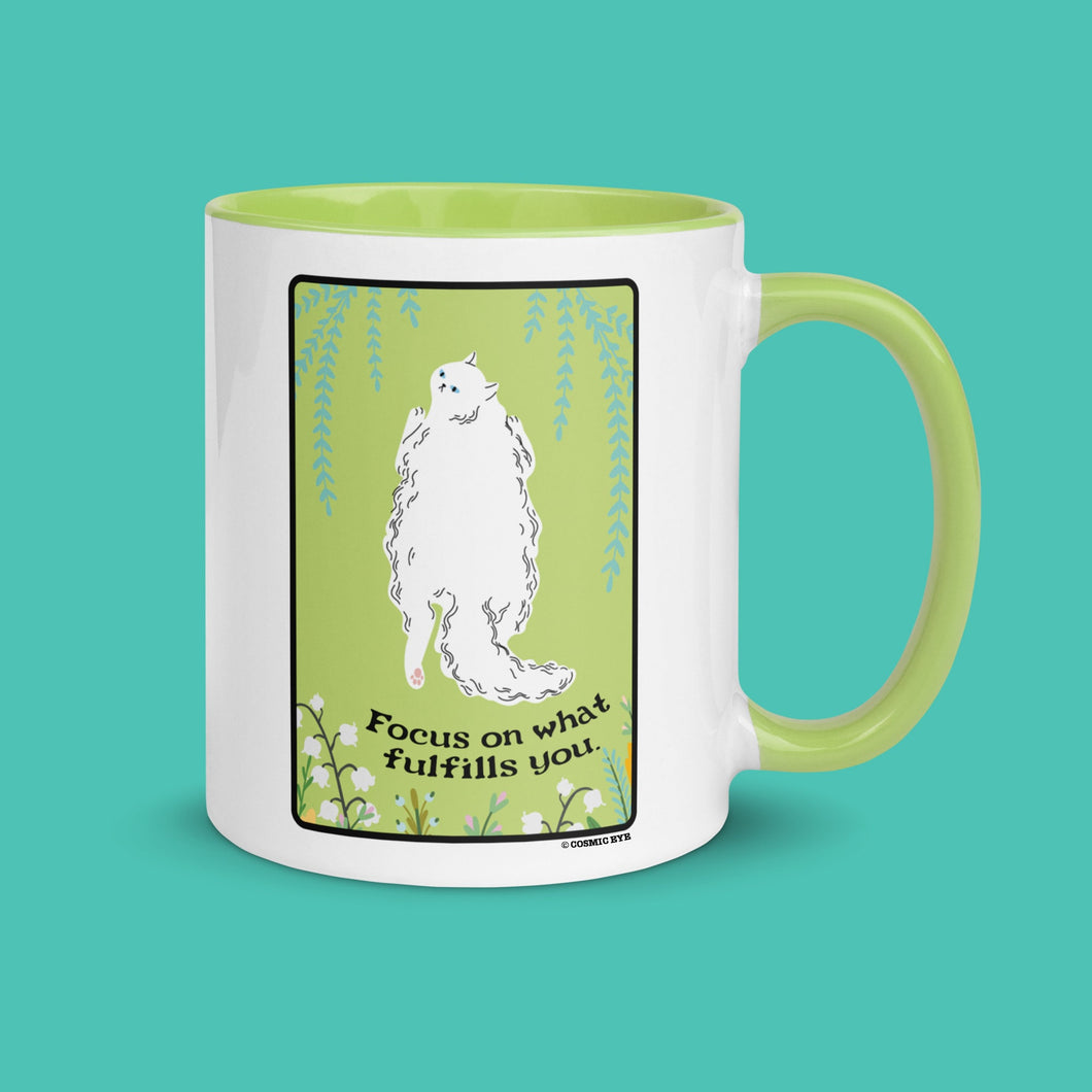 Affirmation FOCUS ON What FULFILLS You Fluffy White Cat Mug, Personalized Free, Green Cute Cat Mug, Ceramic Cat Coffee Mug, Persian Cat Mug