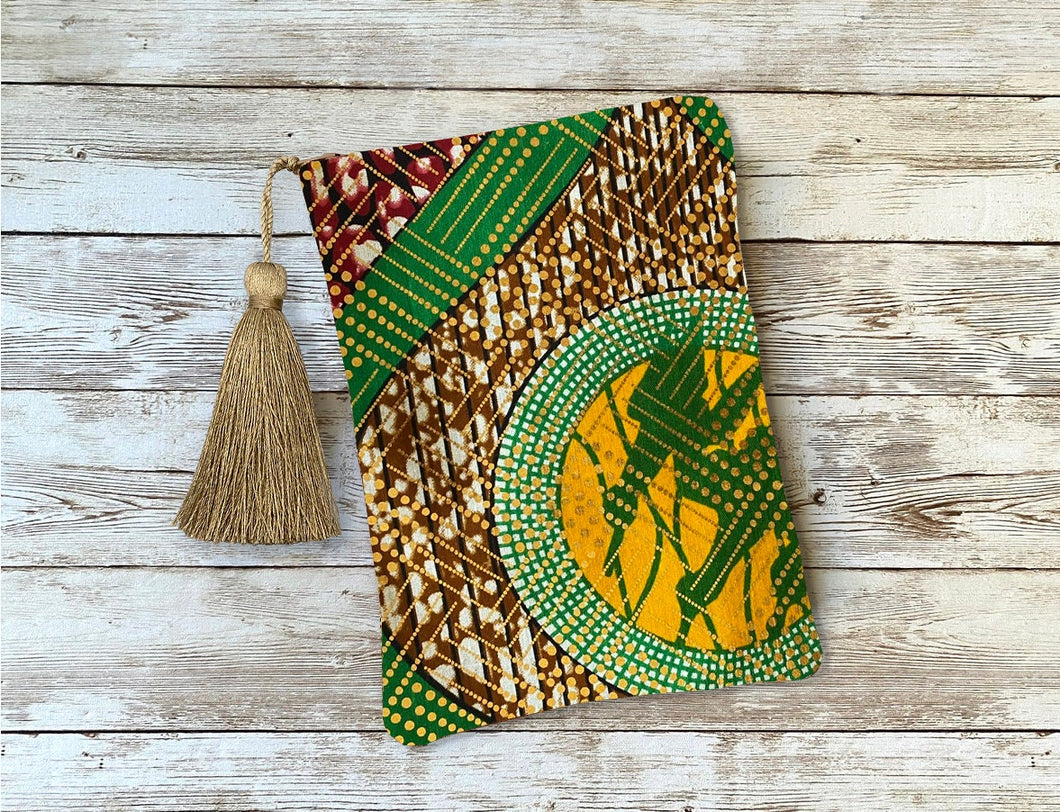 Green Yellow Gold and Brown African Print Tarot Oracle Deck Bag with Silk Lining 5x7 Handcrafted in the USA