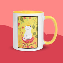 Load image into Gallery viewer, THE EMPRESS Cat Tarot Mug Personalized Free, Blooming Cat Yellow Mug, Cat Tarot Mug, Ceramic Cat Coffee Mug, Tarot Mug, Witchy Cat Mug
