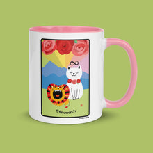 Load image into Gallery viewer, STRENGTH Cat Tarot Mug Personalized Free, Blooming Cat Pink Mug, Cat Tarot Mug, Ceramic Cat Coffee Mug, Tarot Mug, Witchy Cat Mug
