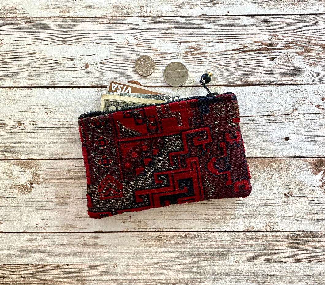 Deep Red Black Gold Boho Coin Purse, Small Zip Pouch, Small Wallet, Moroccan Southwest Bohemian Wallet