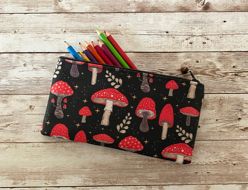MUSHROOM Pencil Case Pouch, Medium Art Pen Zip Pouch, Small Wallet, Amanita Muscaria Red Magic Mushroom Bag Gift Idea