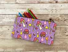 Load image into Gallery viewer, Purple MUSHROOM Pencil Case Pouch, Colorful Medium Art Pen Zip Pouch, Small Wallet, Amanita Muscaria Red Magic Mushroom Bag Gift Idea
