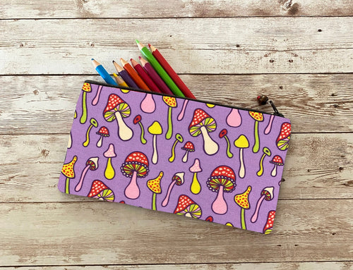 Purple MUSHROOM Pencil Case Pouch, Colorful Medium Art Pen Zip Pouch, Small Wallet, Amanita Muscaria Red Magic Mushroom Bag Gift Idea