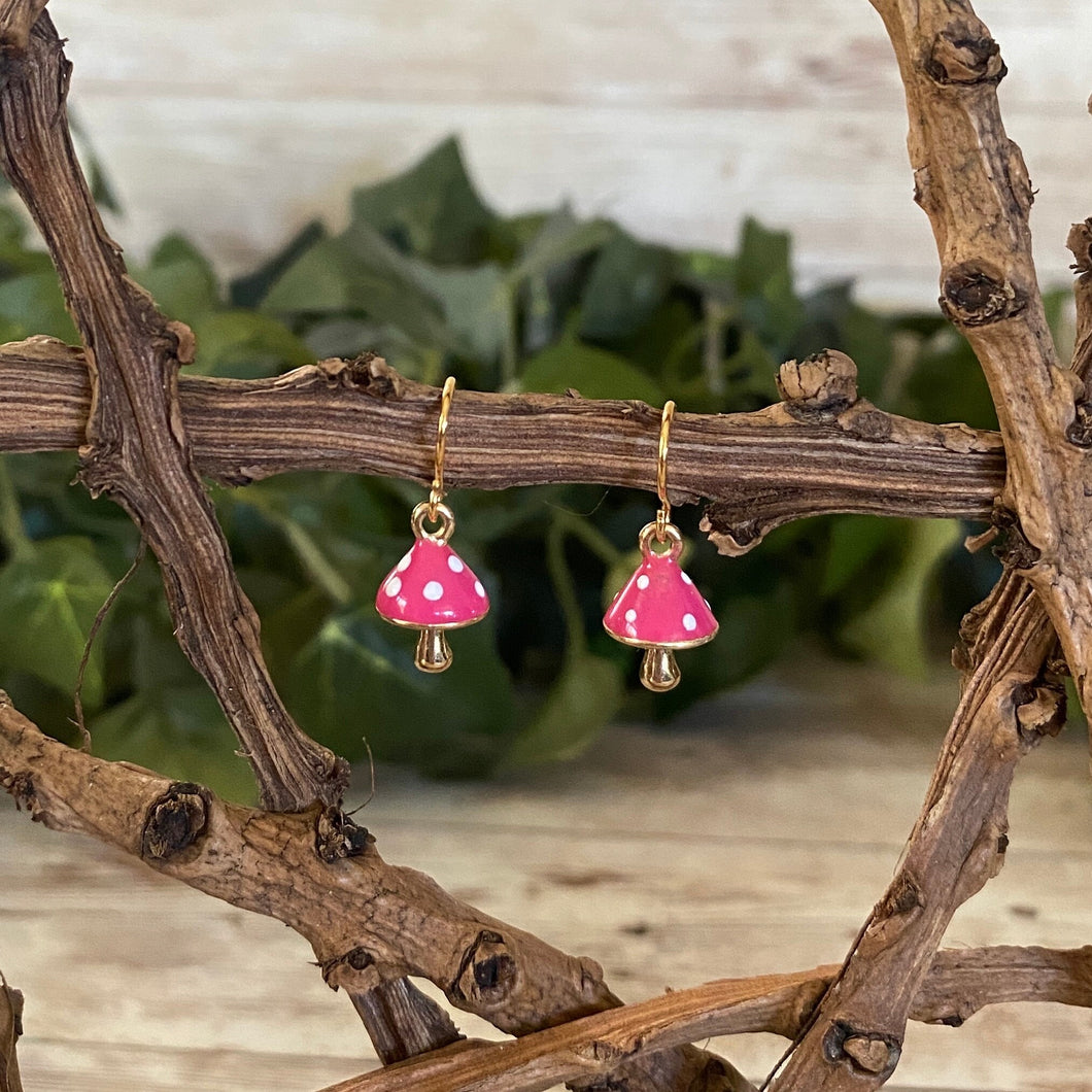Dainty Pink Mushroom Earrings Small Gold Plated Simple Delicate Cute Mushroom Earrings Under 20
