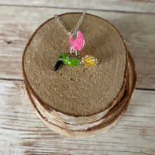 Load image into Gallery viewer, Pretty Hummingbird Necklace Pink Green and Silver Plated Dainty Hummingbird Bird
