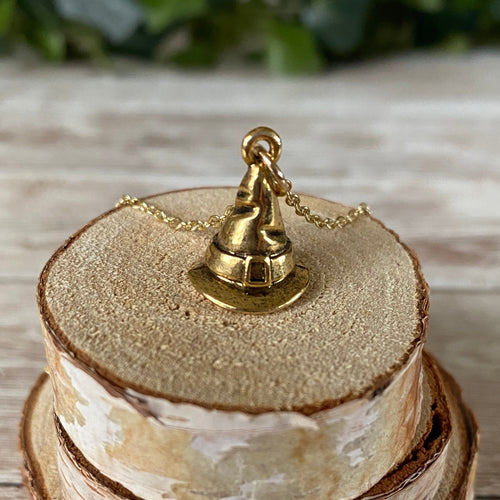 Witch Hat Necklace Gold Cute Witchy Necklace Wizard Magic Hat