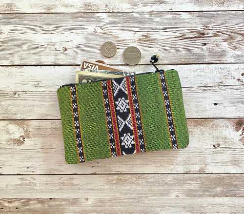 Green Red Black Striped Woven Boho Coin Purse, Small Zip Pouch Small Wallet Birthday Holiday Valentine Gift