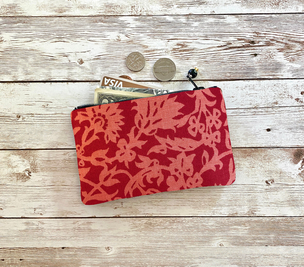 Coral and Red Floral Coin Purse, Small Zip Pouch Small Wallet Birthday Holiday Valentine Boho Gift