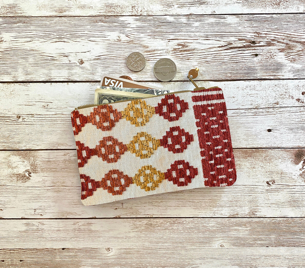 Southwest Orange Yellow and Burnt Red Coin Purse, Small Boho Zip Pouch Small Wallet Birthday Holiday Valentine Boho Gift