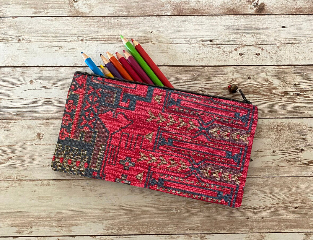 Red Black and Gold Boho Pencil Case Pouch, Medium Art Pen Zip Pouch, Small Wallet Moroccan Southwest Bohemian Bag Gift Idea